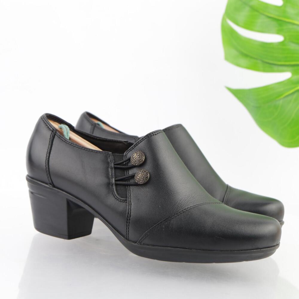 Clarks Womens Emslie‎ Warren Boots Size 8 WIDE Black Leather Block Heel Booties